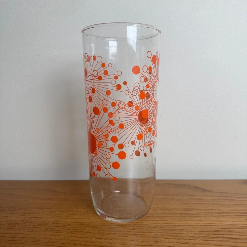 Vintage D Campbell 32 oz Glass Tumbler Orange Atomic Starburst Design Drinkware‎